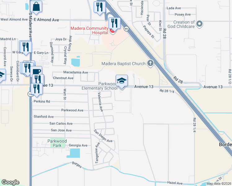 map of restaurants, bars, coffee shops, grocery stores, and more near 1150 East Pecan Avenue in Madera