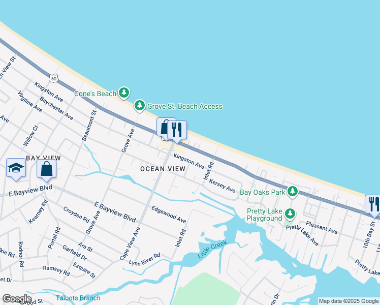map of restaurants, bars, coffee shops, grocery stores, and more near 1937 East Ocean View Avenue in Norfolk