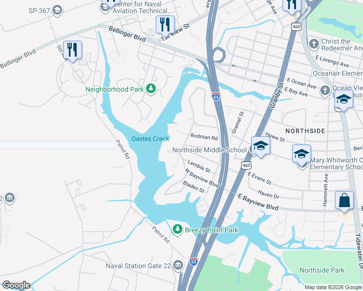 map of restaurants, bars, coffee shops, grocery stores, and more near 8725 Commodore Drive in Norfolk