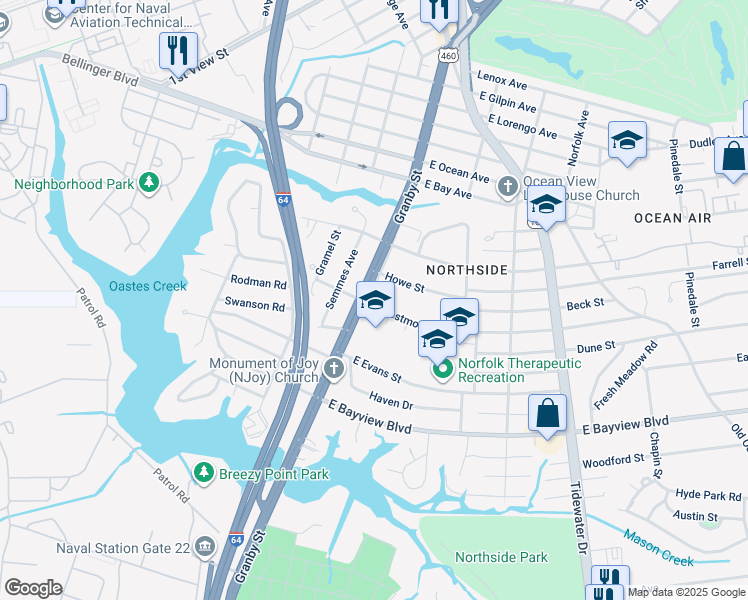 map of restaurants, bars, coffee shops, grocery stores, and more near 108 East Westmont Avenue in Norfolk