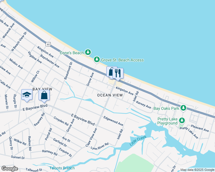 map of restaurants, bars, coffee shops, grocery stores, and more near 1859 Kingston Avenue in Norfolk