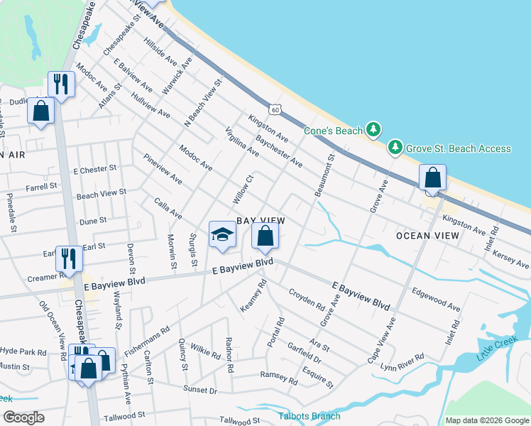 map of restaurants, bars, coffee shops, grocery stores, and more near 9416 Willow Terrace in Norfolk