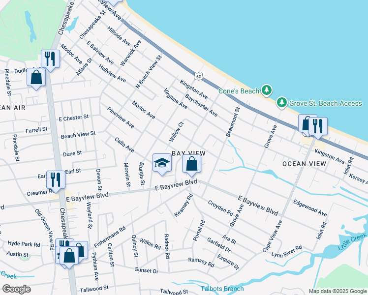 map of restaurants, bars, coffee shops, grocery stores, and more near 9409 Willow Terrace in Norfolk
