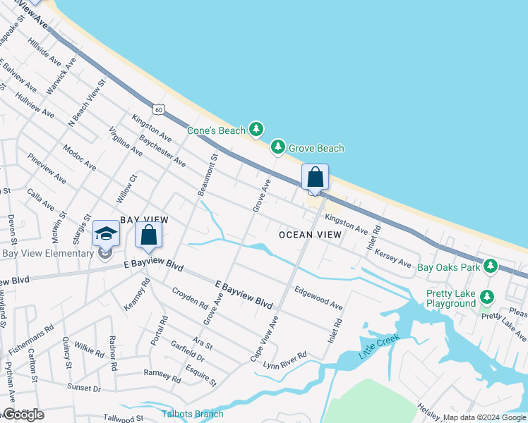 map of restaurants, bars, coffee shops, grocery stores, and more near 1810 Parkview Avenue in Norfolk