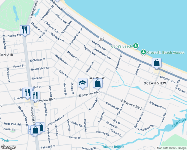 map of restaurants, bars, coffee shops, grocery stores, and more near 9409 Willow Terrace in Norfolk