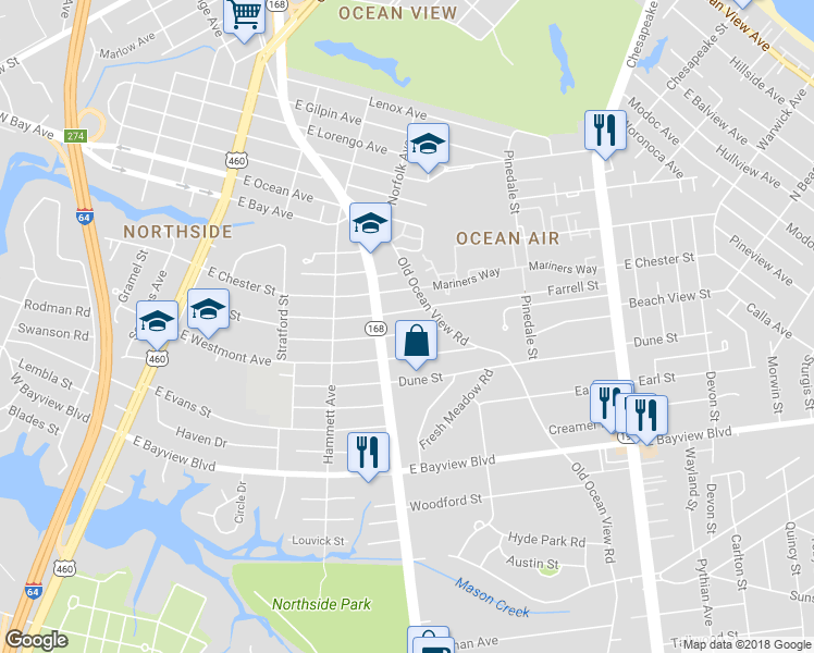 map of restaurants, bars, coffee shops, grocery stores, and more near 408 Beck Street in Norfolk