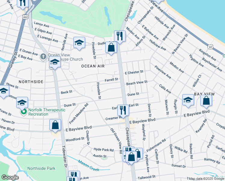 map of restaurants, bars, coffee shops, grocery stores, and more near 705 Beach View Street in Norfolk