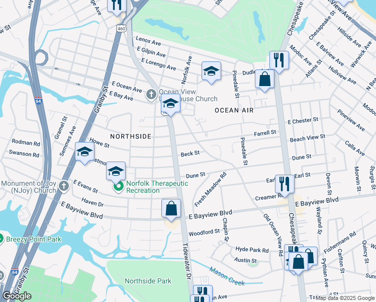 map of restaurants, bars, coffee shops, grocery stores, and more near 408 Beck Street in Norfolk