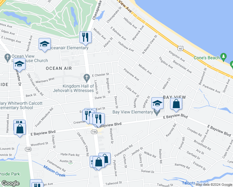 map of restaurants, bars, coffee shops, grocery stores, and more near 1200 Dune Street in Norfolk