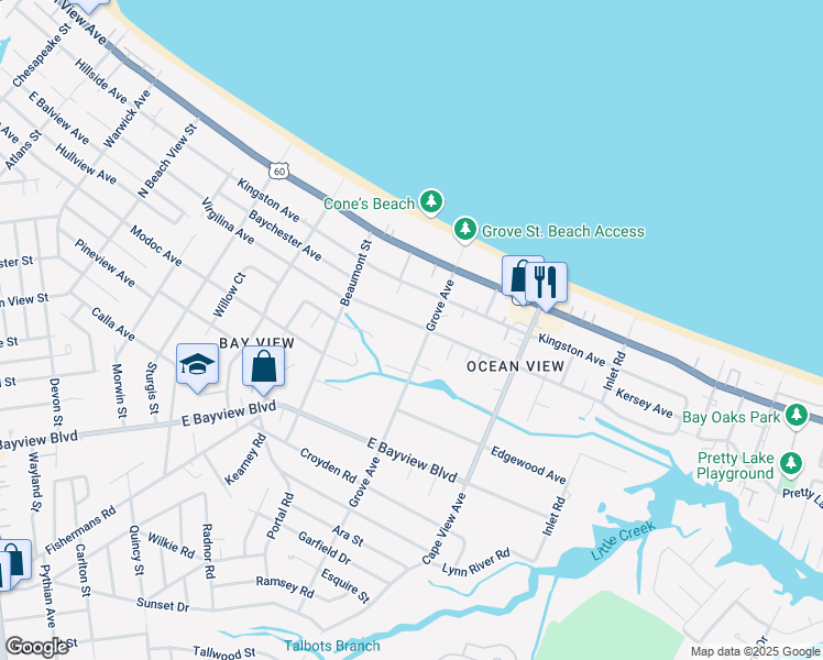 map of restaurants, bars, coffee shops, grocery stores, and more near 1733 Parkview Avenue in Norfolk