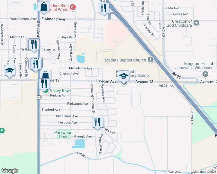 map of restaurants, bars, coffee shops, grocery stores, and more near 1038 Saunders Road in Madera