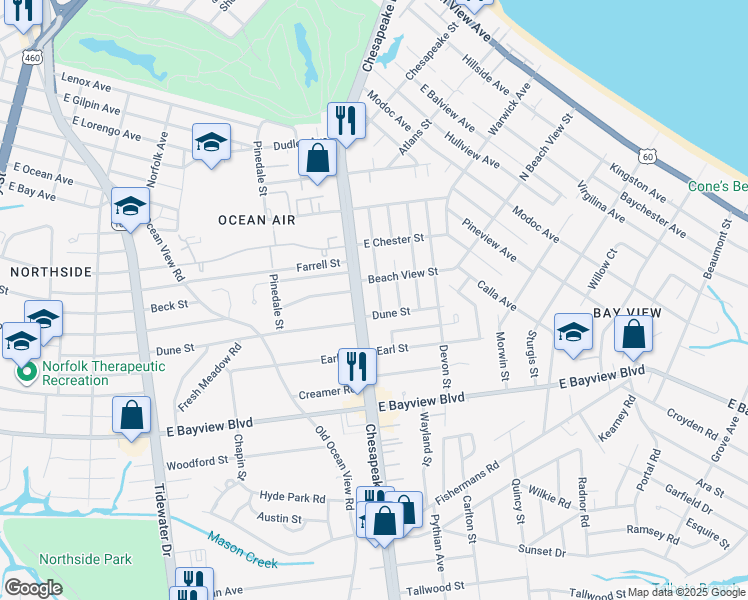 map of restaurants, bars, coffee shops, grocery stores, and more near 8820 Chesapeake Boulevard in Norfolk