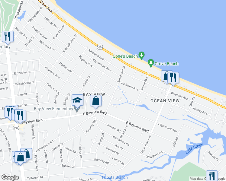 map of restaurants, bars, coffee shops, grocery stores, and more near 9507 Beaumont Street in Norfolk
