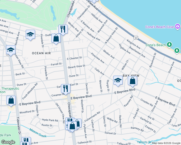 map of restaurants, bars, coffee shops, grocery stores, and more near 1319 Elm View Avenue in Norfolk