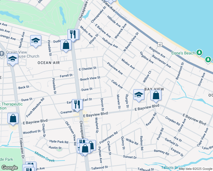 map of restaurants, bars, coffee shops, grocery stores, and more near 1319 Elm View Avenue in Norfolk