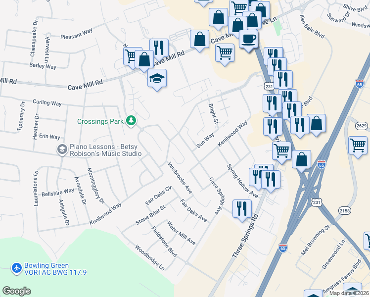 map of restaurants, bars, coffee shops, grocery stores, and more near 3033 Cave Springs Avenue in Bowling Green