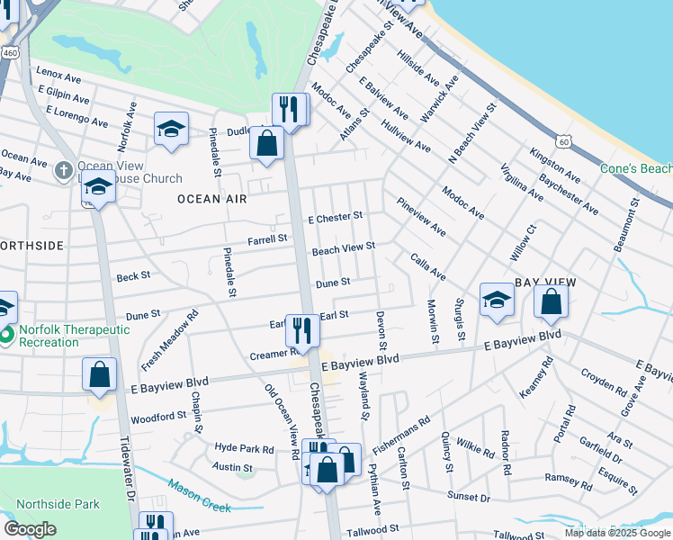 map of restaurants, bars, coffee shops, grocery stores, and more near 8813 Plymouth Street in Norfolk