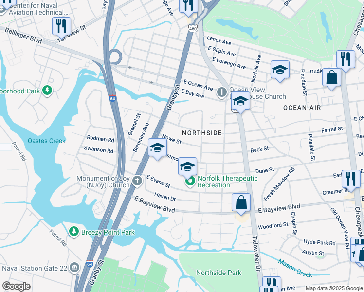 map of restaurants, bars, coffee shops, grocery stores, and more near 127 Howe Street in Norfolk
