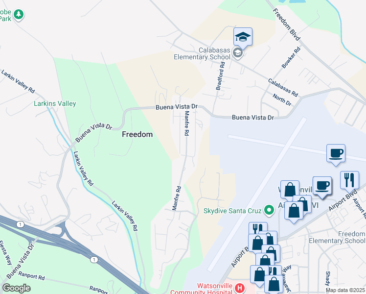 map of restaurants, bars, coffee shops, grocery stores, and more near 265 Manfre Road in Watsonville