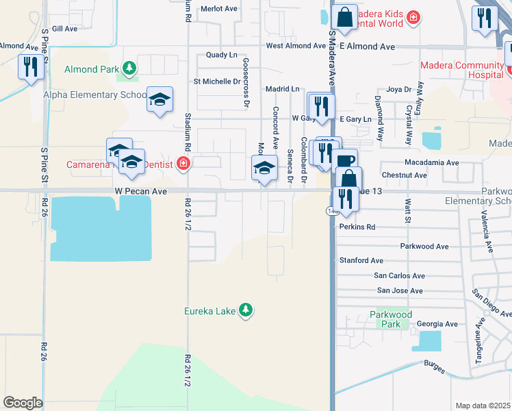 map of restaurants, bars, coffee shops, grocery stores, and more near 530 West Pecan Avenue in Madera