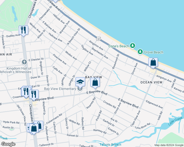 map of restaurants, bars, coffee shops, grocery stores, and more near 9415 Willow Terrace in Norfolk