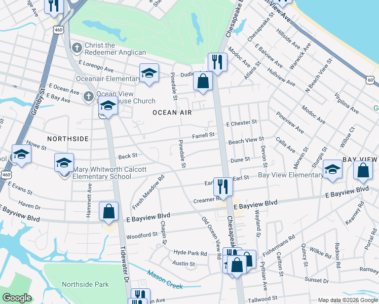map of restaurants, bars, coffee shops, grocery stores, and more near 612 Beach View Street in Norfolk