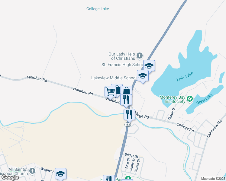map of restaurants, bars, coffee shops, grocery stores, and more near 88 Laken Drive in Watsonville