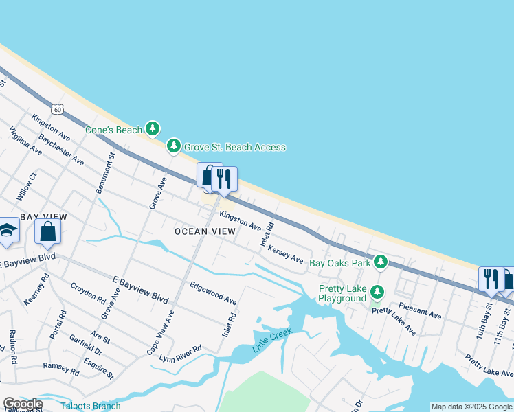 map of restaurants, bars, coffee shops, grocery stores, and more near 2003 East Ocean View Avenue in Norfolk