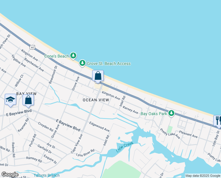 map of restaurants, bars, coffee shops, grocery stores, and more near 1937 East Ocean View Avenue in Norfolk