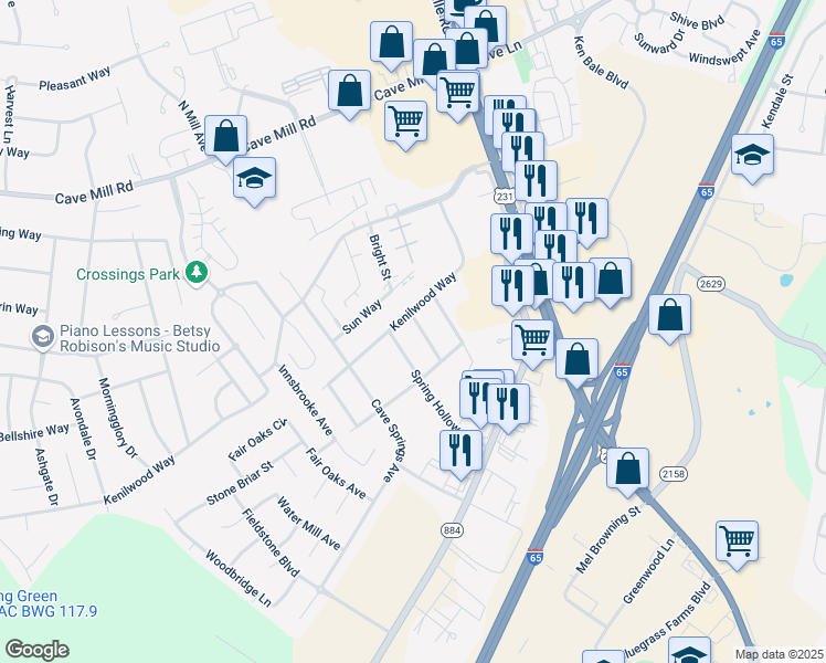 map of restaurants, bars, coffee shops, grocery stores, and more near 3204 Spring Hollow Avenue in Bowling Green