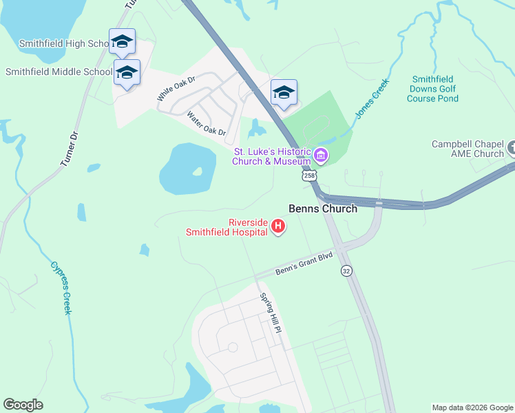 map of restaurants, bars, coffee shops, grocery stores, and more near 19480 Casper Circle in Smithfield