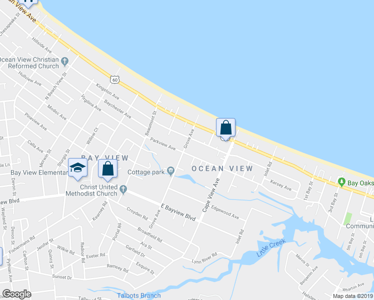 map of restaurants, bars, coffee shops, grocery stores, and more near 9602 Grove Avenue in Norfolk