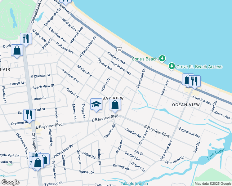 map of restaurants, bars, coffee shops, grocery stores, and more near 9420 Willow Terrace in Norfolk