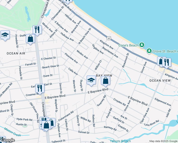 map of restaurants, bars, coffee shops, grocery stores, and more near 9348 Sturgis Street in Norfolk