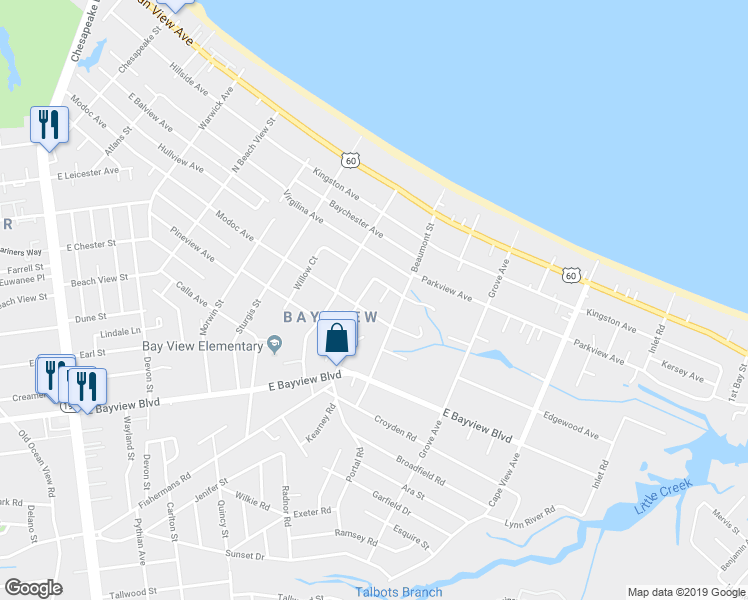 map of restaurants, bars, coffee shops, grocery stores, and more near 9503 Inwood Court in Norfolk