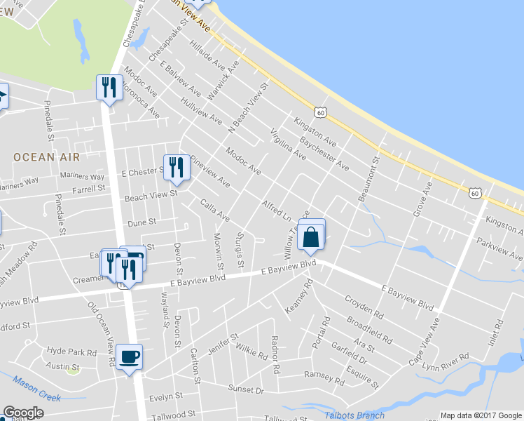 map of restaurants, bars, coffee shops, grocery stores, and more near 9348 Sturgis Street in Norfolk