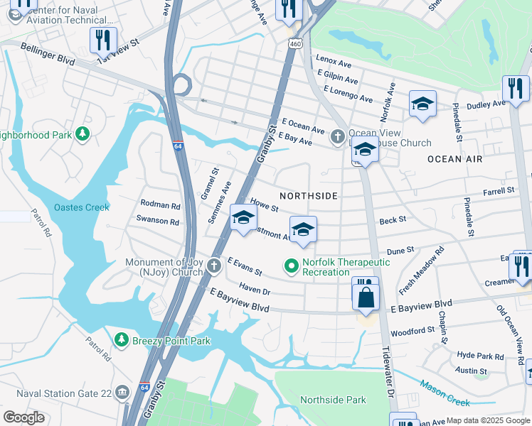 map of restaurants, bars, coffee shops, grocery stores, and more near 127 Howe Street in Norfolk