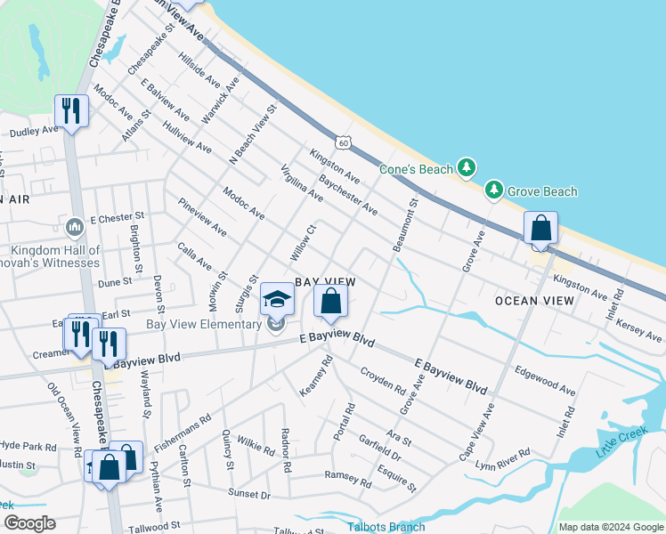 map of restaurants, bars, coffee shops, grocery stores, and more near 9420 Willow Terrace in Norfolk