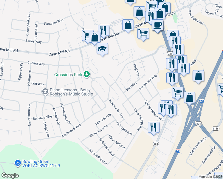 map of restaurants, bars, coffee shops, grocery stores, and more near 2709 Pointe Court in Bowling Green