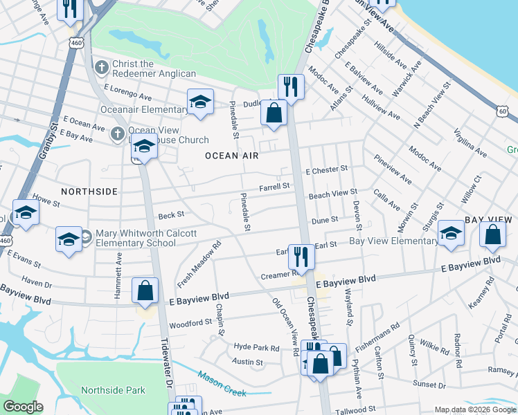 map of restaurants, bars, coffee shops, grocery stores, and more near 612 Beach View Street in Norfolk