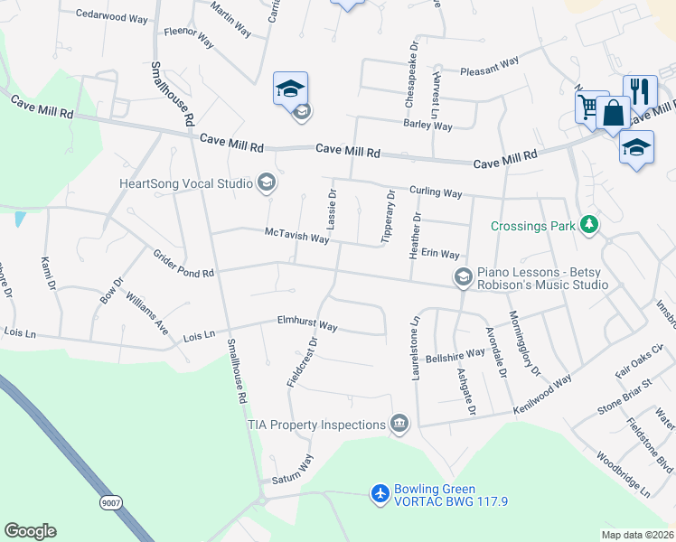 map of restaurants, bars, coffee shops, grocery stores, and more near 1932 Grider Pond Road in Bowling Green