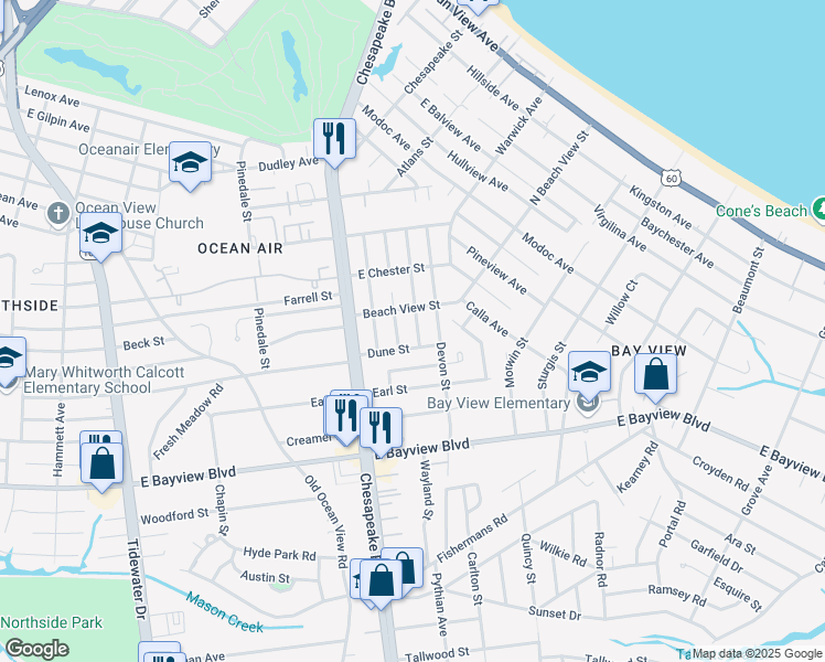 map of restaurants, bars, coffee shops, grocery stores, and more near 8815 Brighton Street in Norfolk