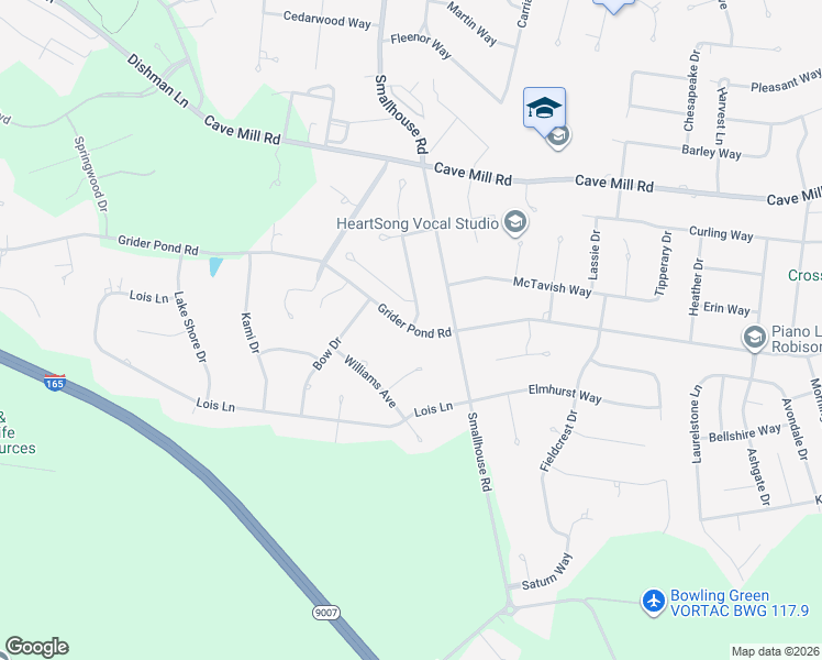 map of restaurants, bars, coffee shops, grocery stores, and more near 1301 Grider Pond Road in Bowling Green