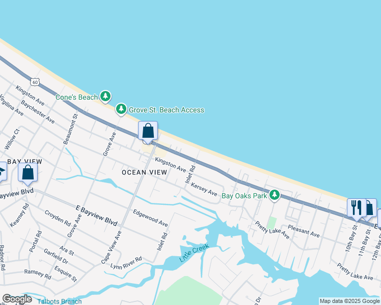 map of restaurants, bars, coffee shops, grocery stores, and more near 2003 East Ocean View Avenue in Norfolk