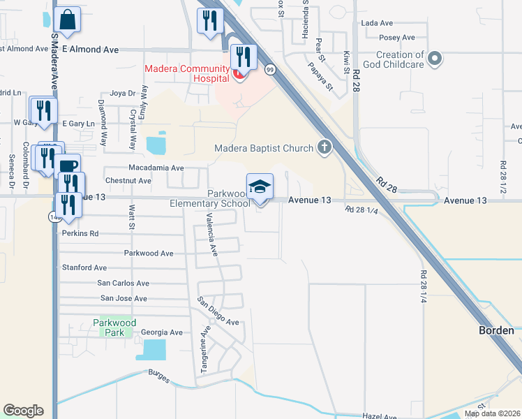 map of restaurants, bars, coffee shops, grocery stores, and more near 1150 East Pecan Avenue in Madera