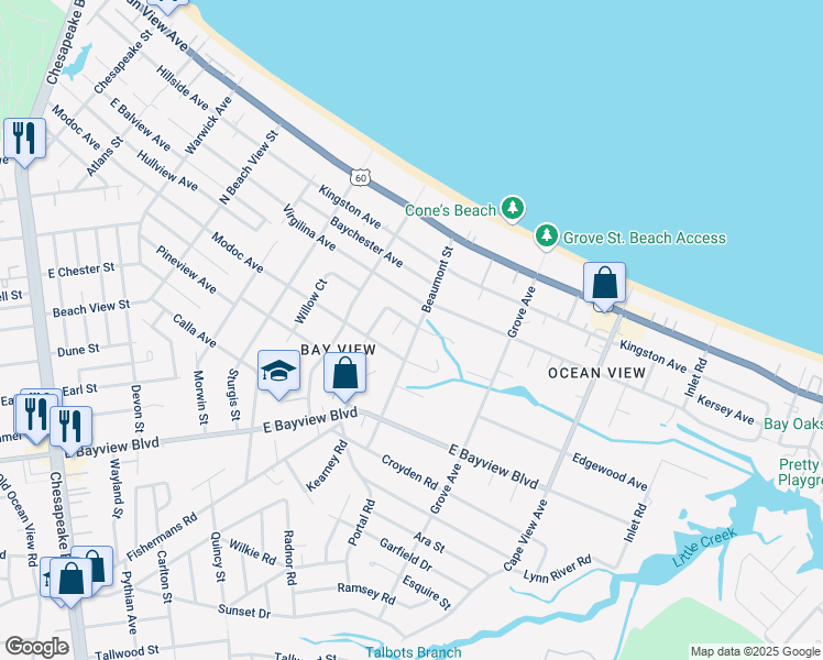 map of restaurants, bars, coffee shops, grocery stores, and more near 9514 Beaumont Street in Norfolk