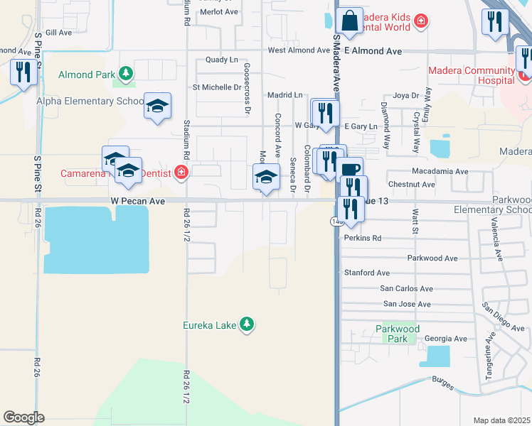 map of restaurants, bars, coffee shops, grocery stores, and more near 530 West Pecan Avenue in Madera