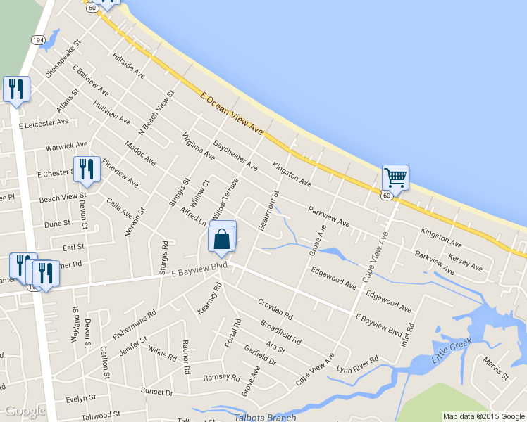 map of restaurants, bars, coffee shops, grocery stores, and more near 9514 Beaumont Street in Norfolk