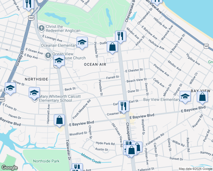 map of restaurants, bars, coffee shops, grocery stores, and more near 612 Beach View Street in Norfolk