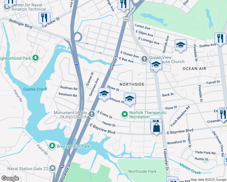 map of restaurants, bars, coffee shops, grocery stores, and more near 112 East Westmont Avenue in Norfolk